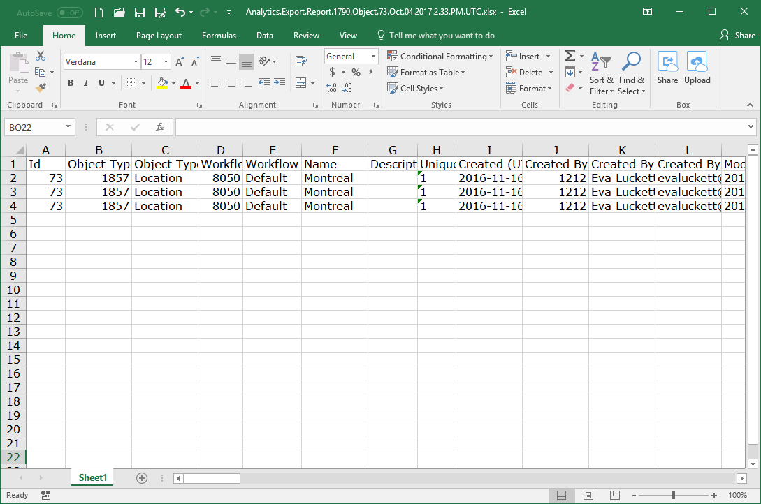 An Example of Object Data Exported Into a Spreadsheet Through a Data Analytics Report