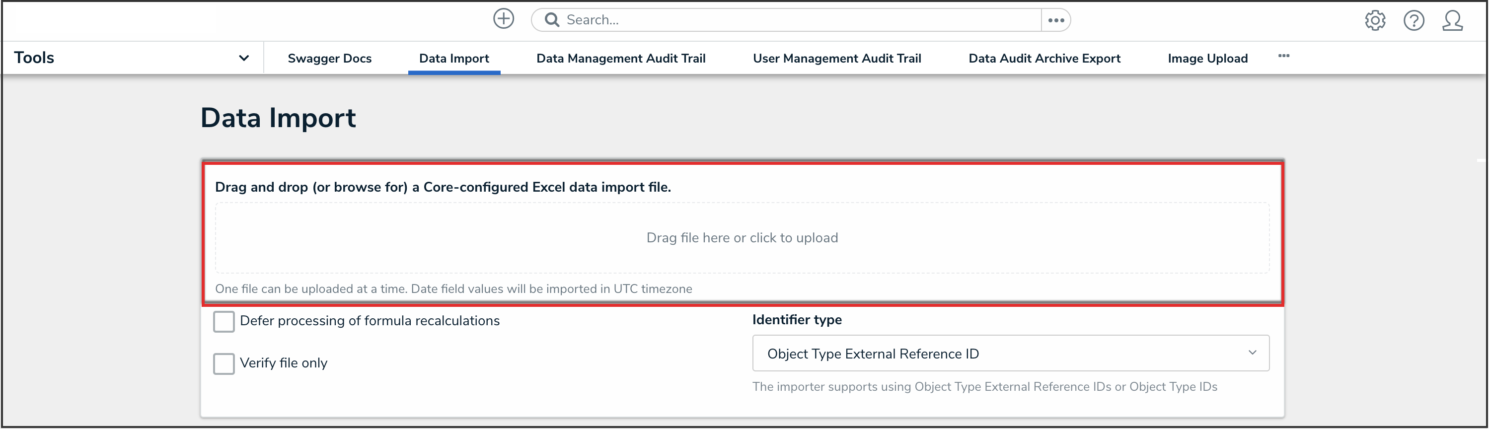 Data Import Upload Area