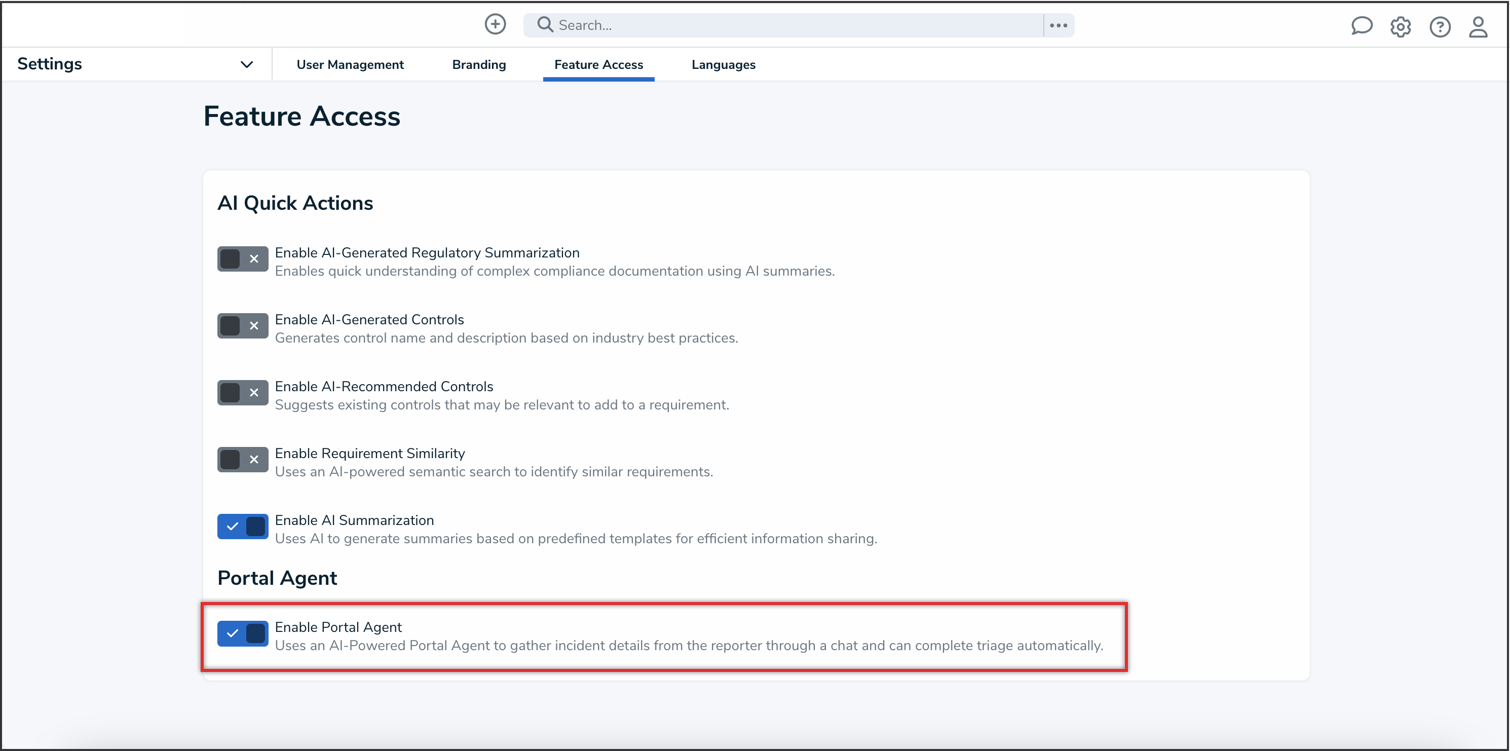 Enable Portal Agent Toggle Switch