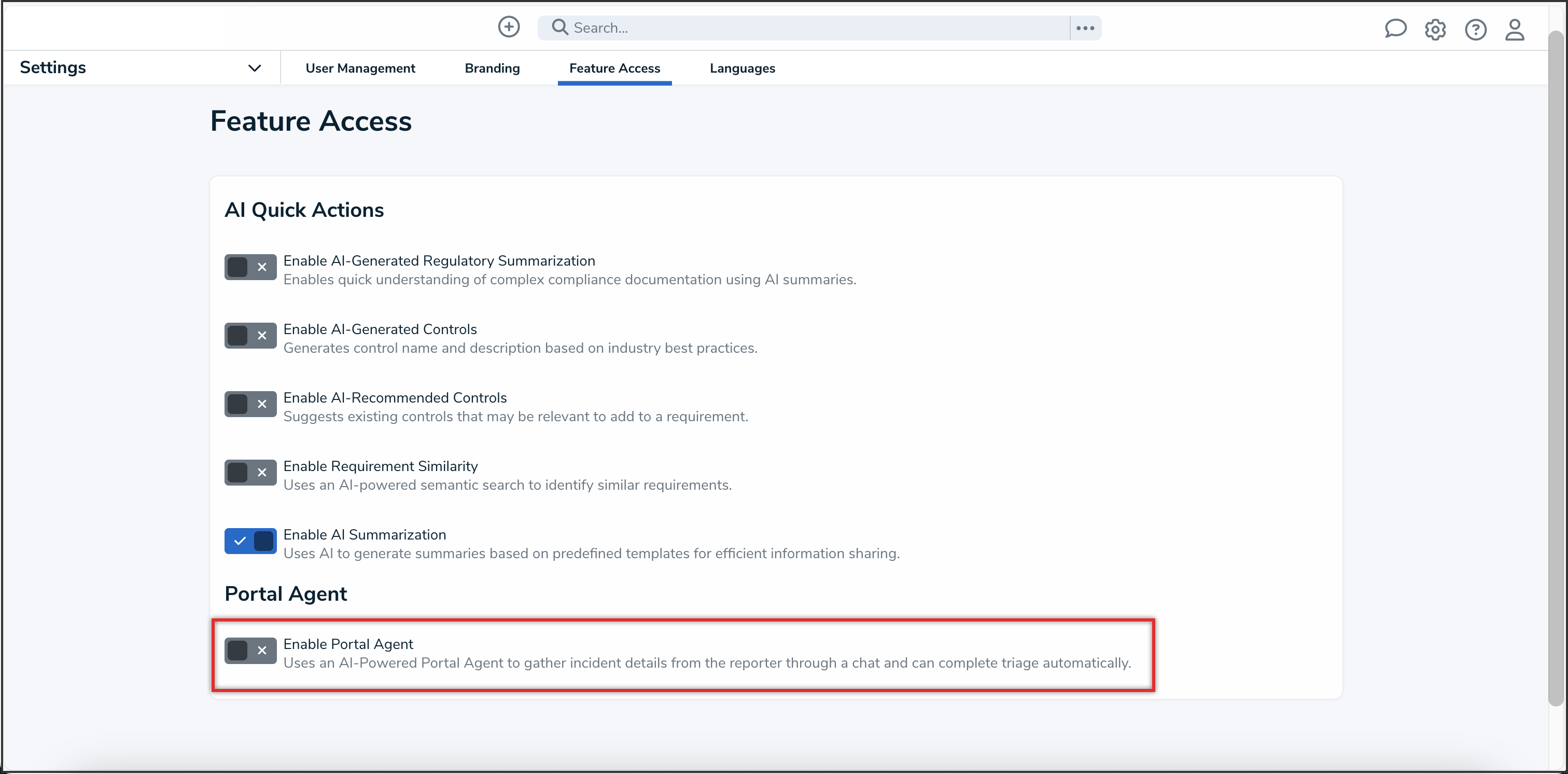 Enable Portal Agent Toggle Switch