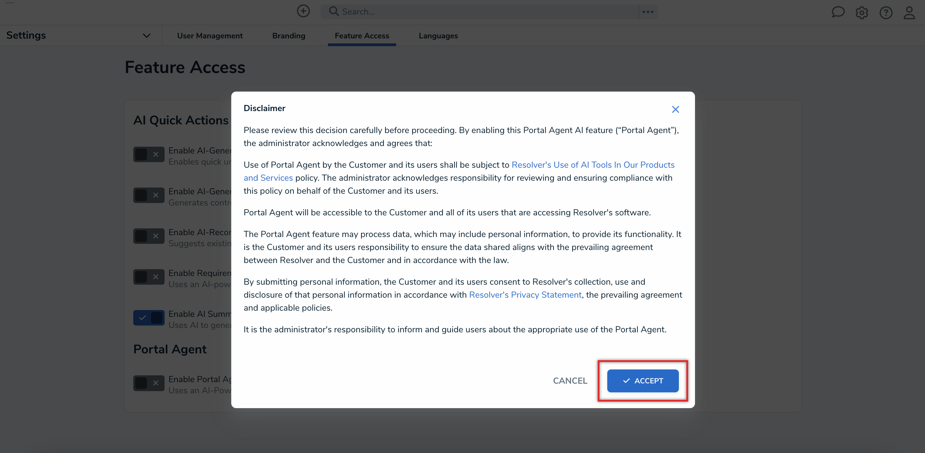 Disclaimer - Accept Button