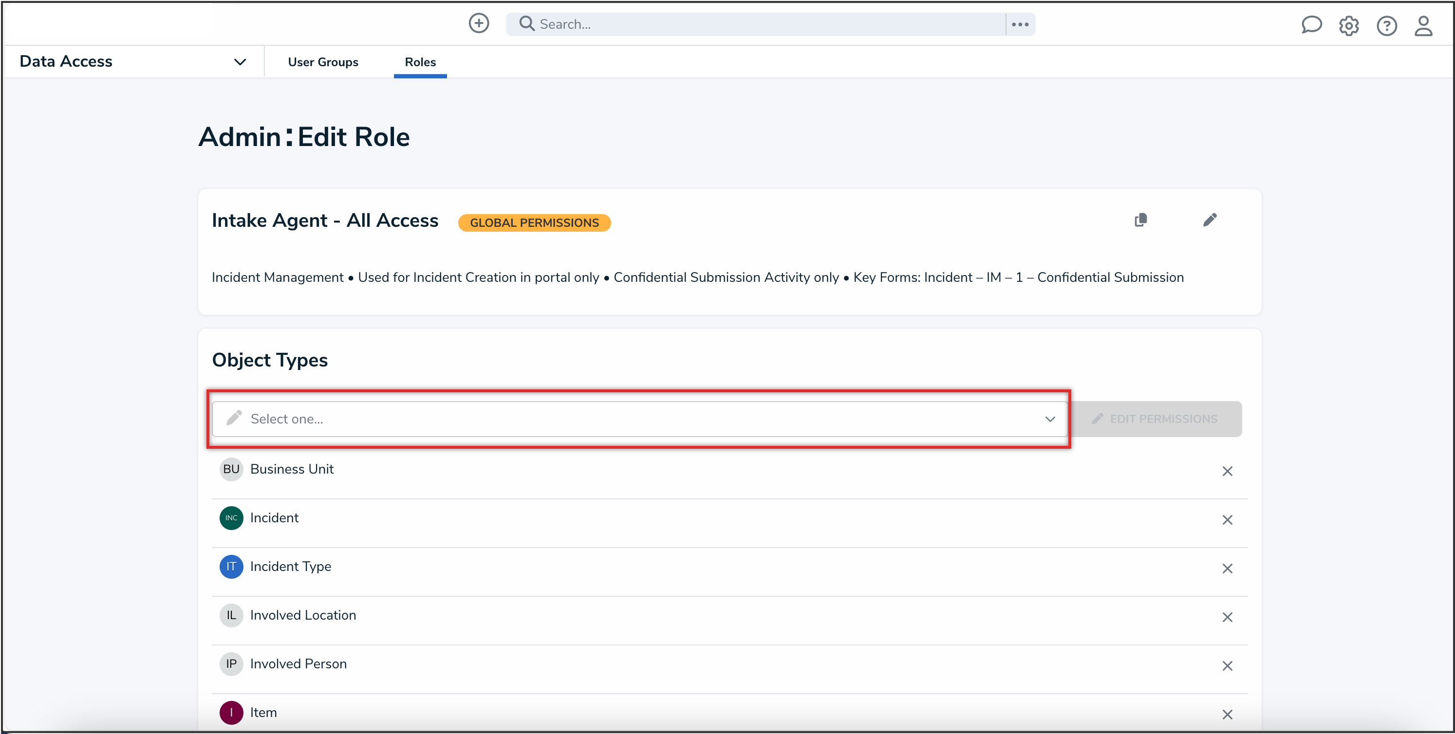 Object Types Dropdown