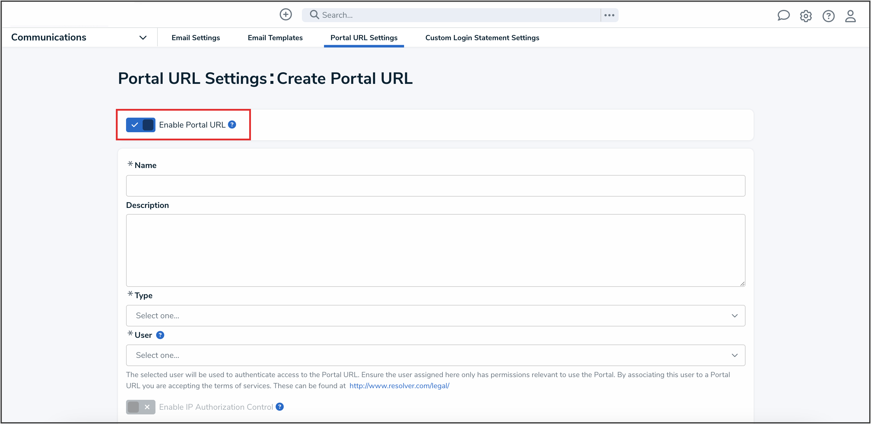 Enable Portal URL Toggle Switch