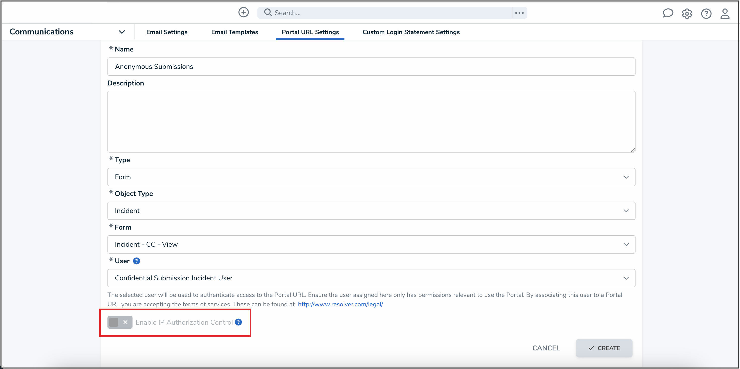 Enable IP Authorization Control Toggle Switch