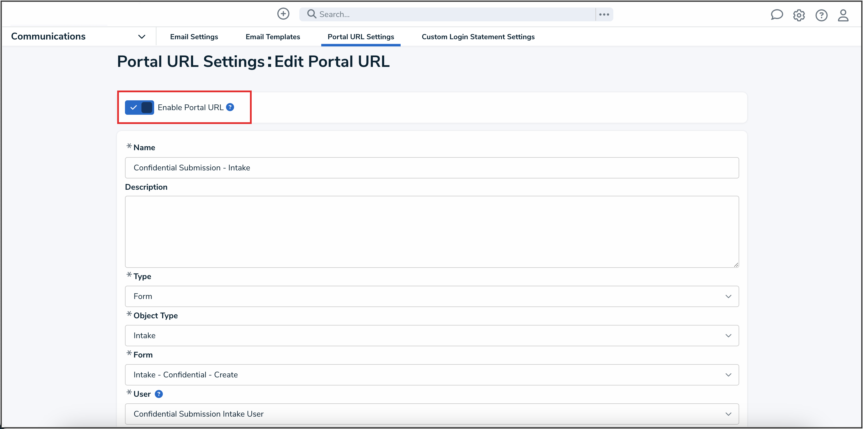 Enable Portal URL Toggle Switch