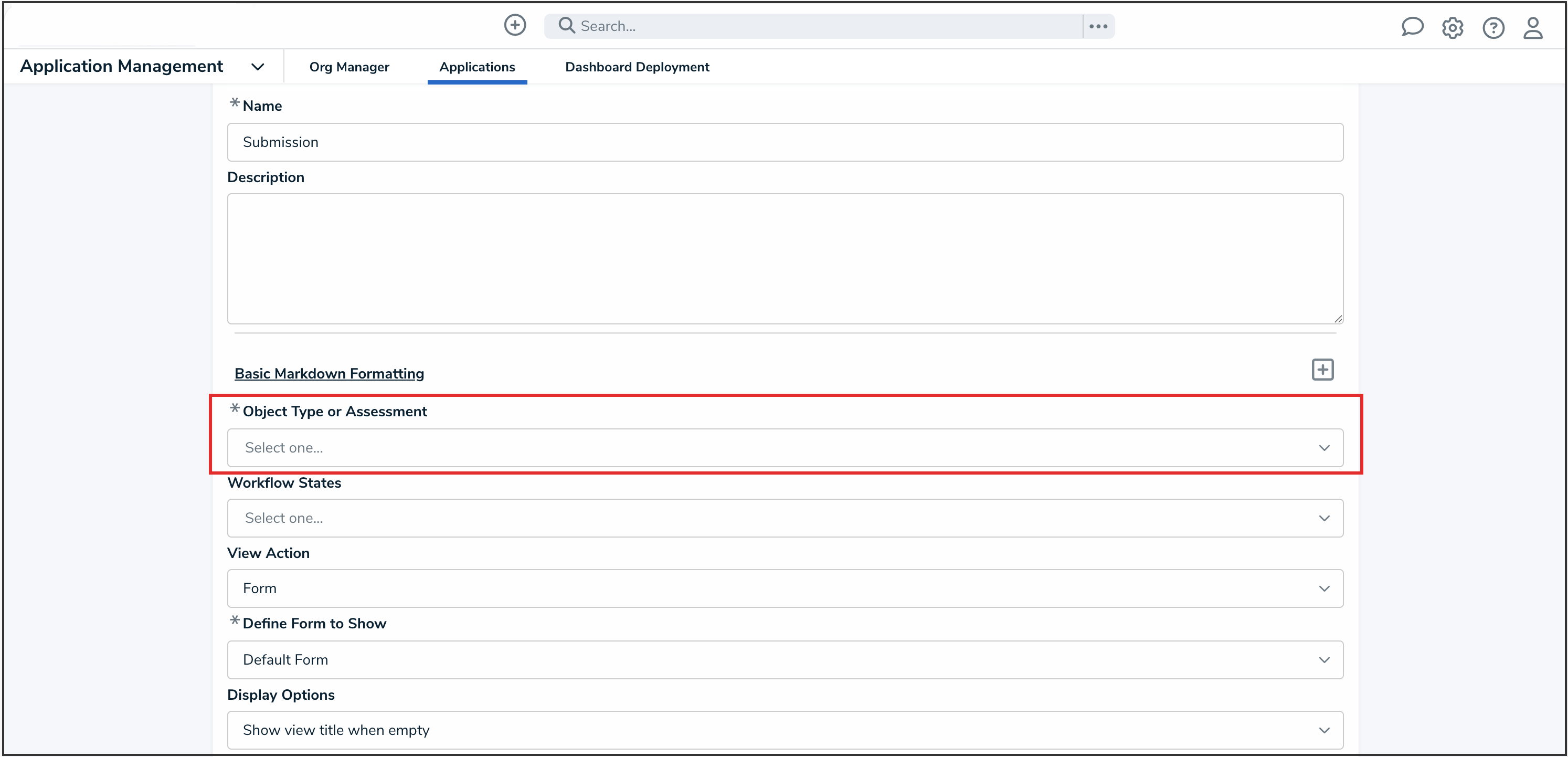 Object Type or Assessment Dropdown