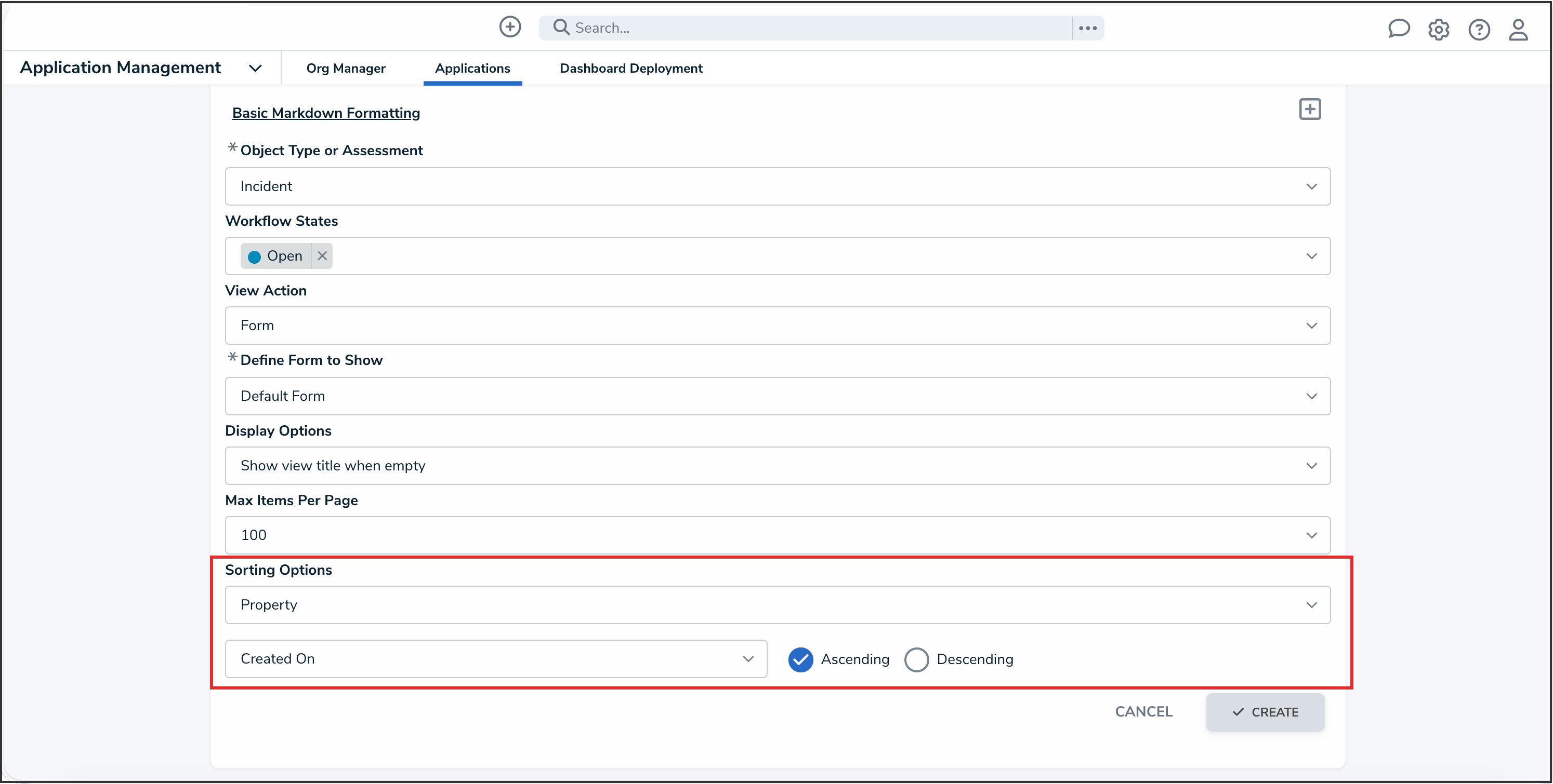 Sorting Options Dropdown