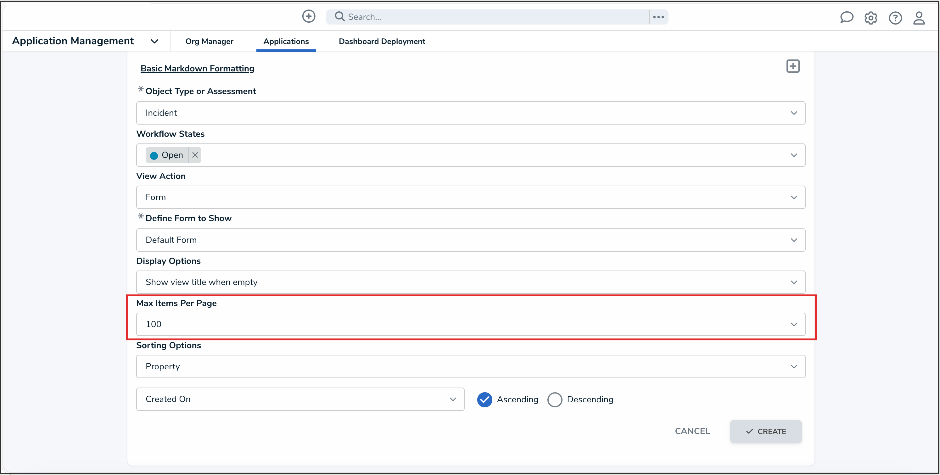 Max Items Per Page Dropdown