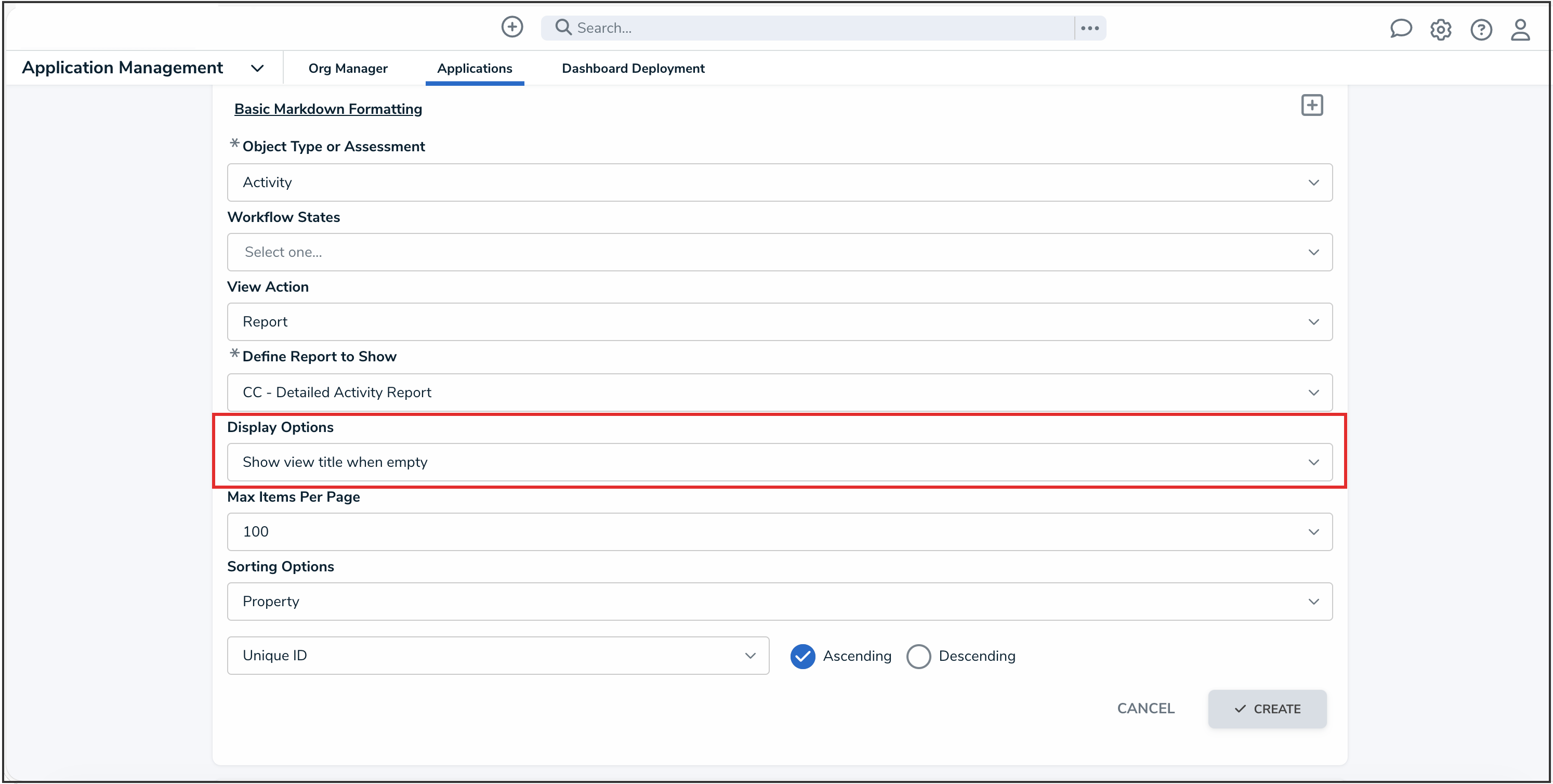 Display Options Dropdown