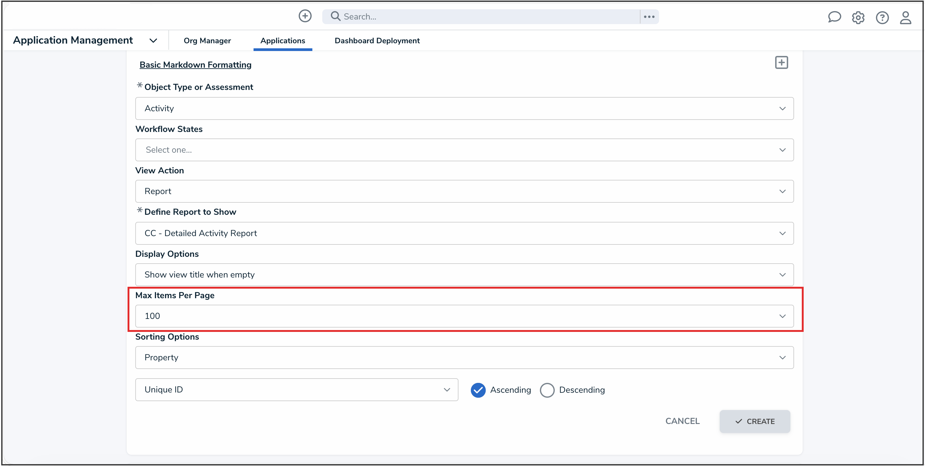 Max Items Per Page Dropdown