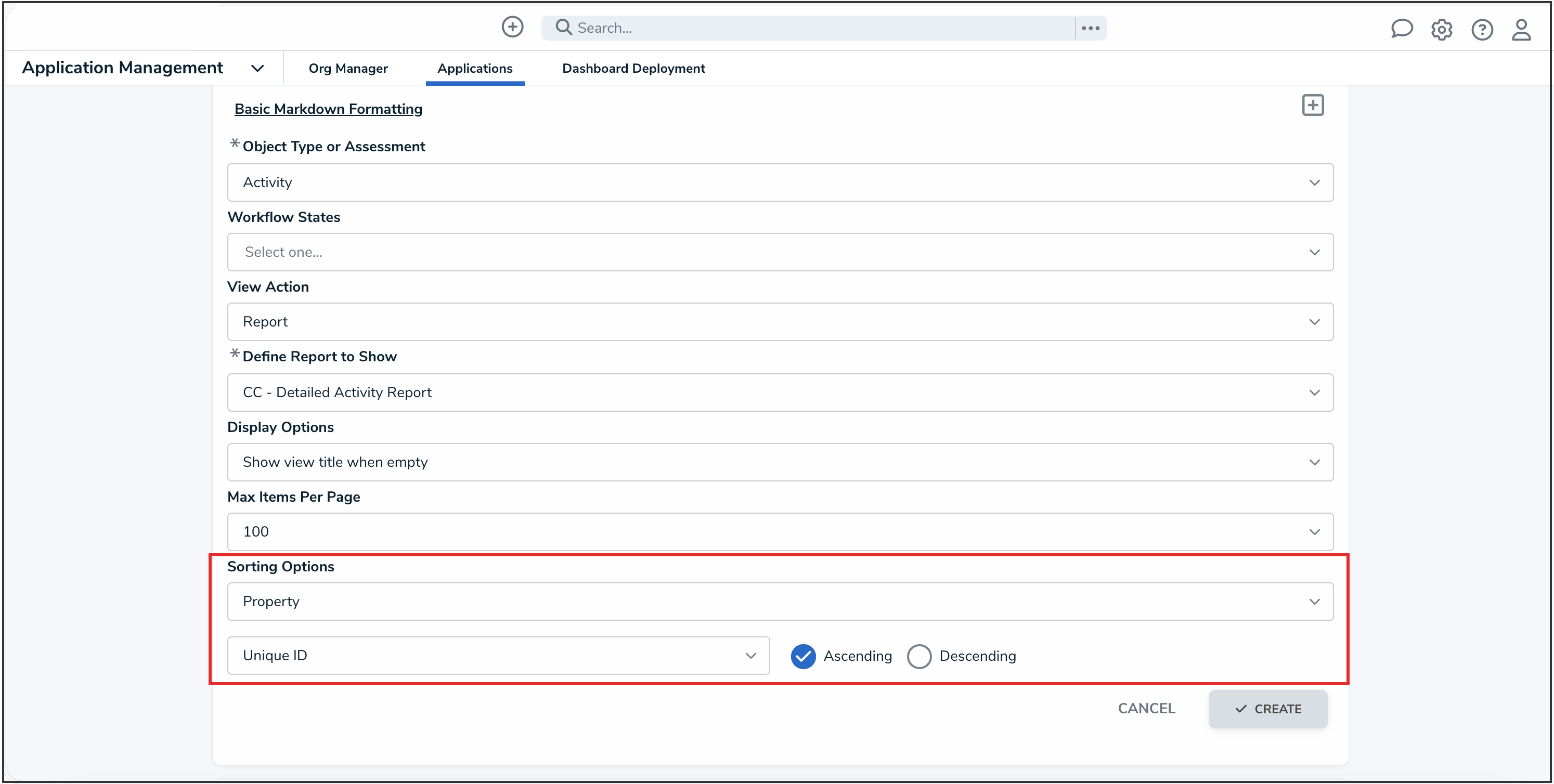 Sorting Options Dropdown