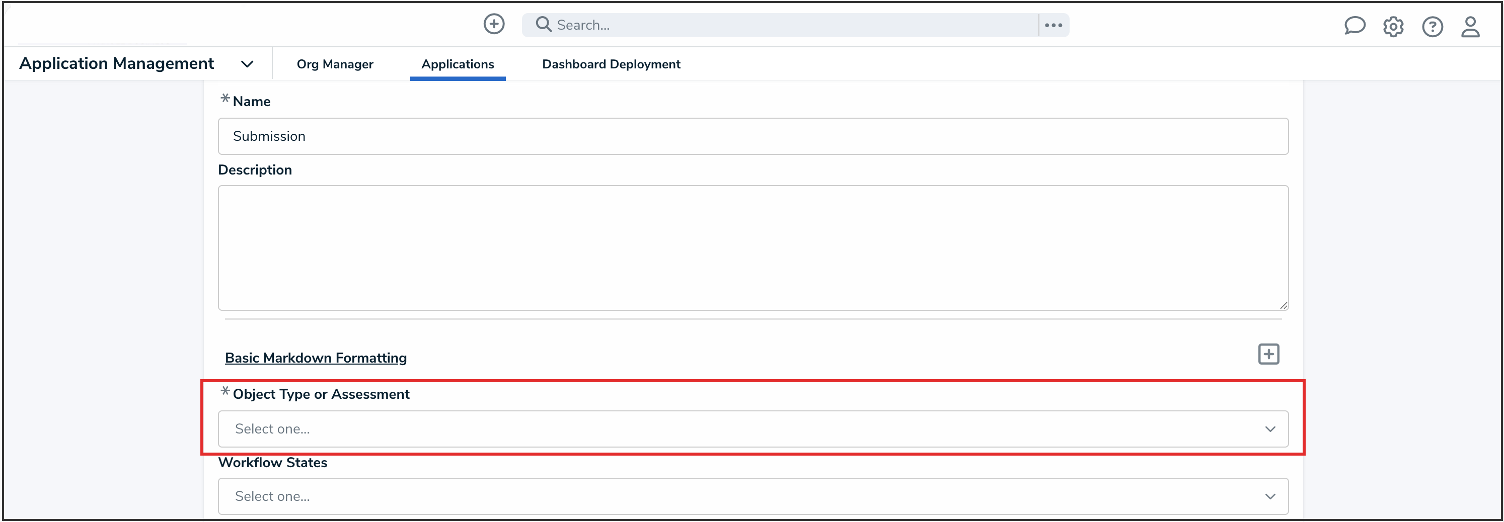 Object Type or Assessment Dropdown