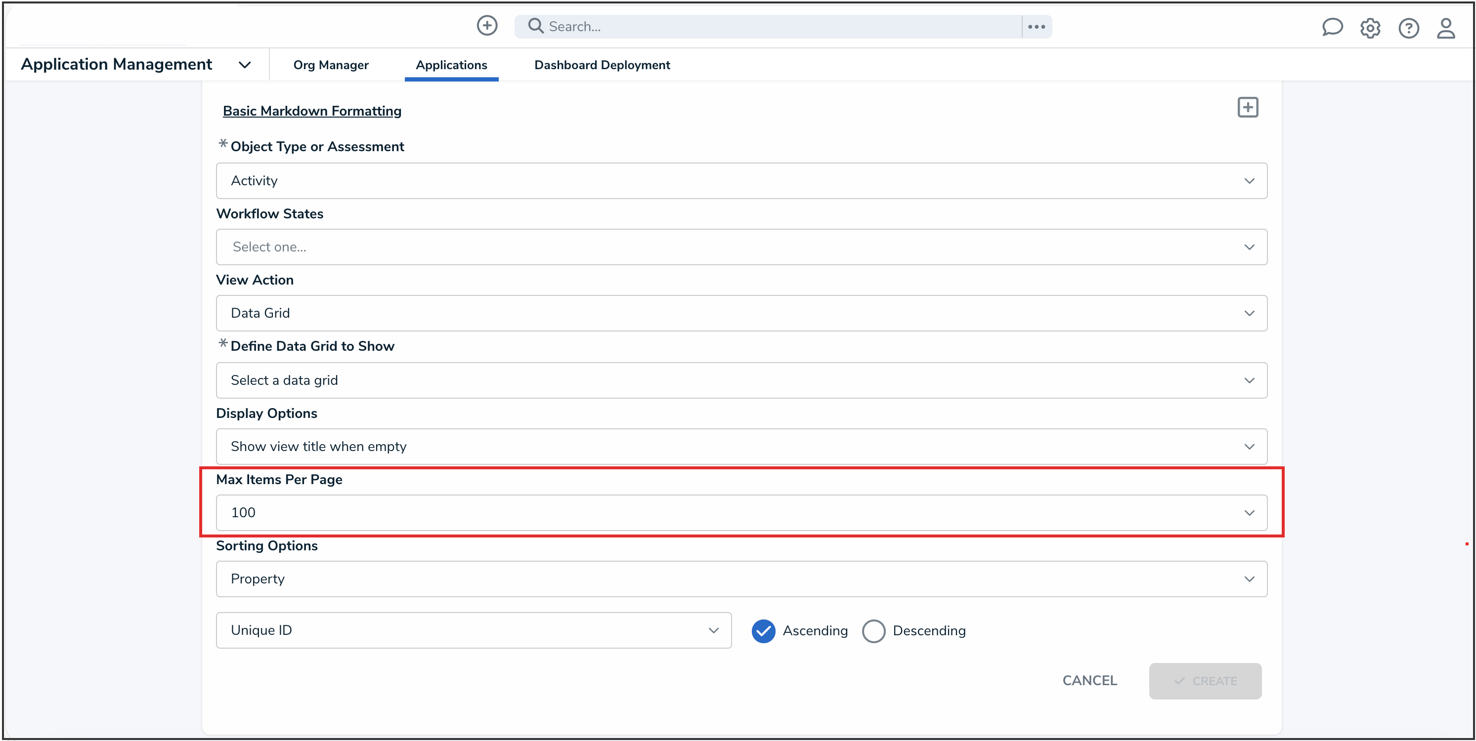 Max Items Per Page Dropdown