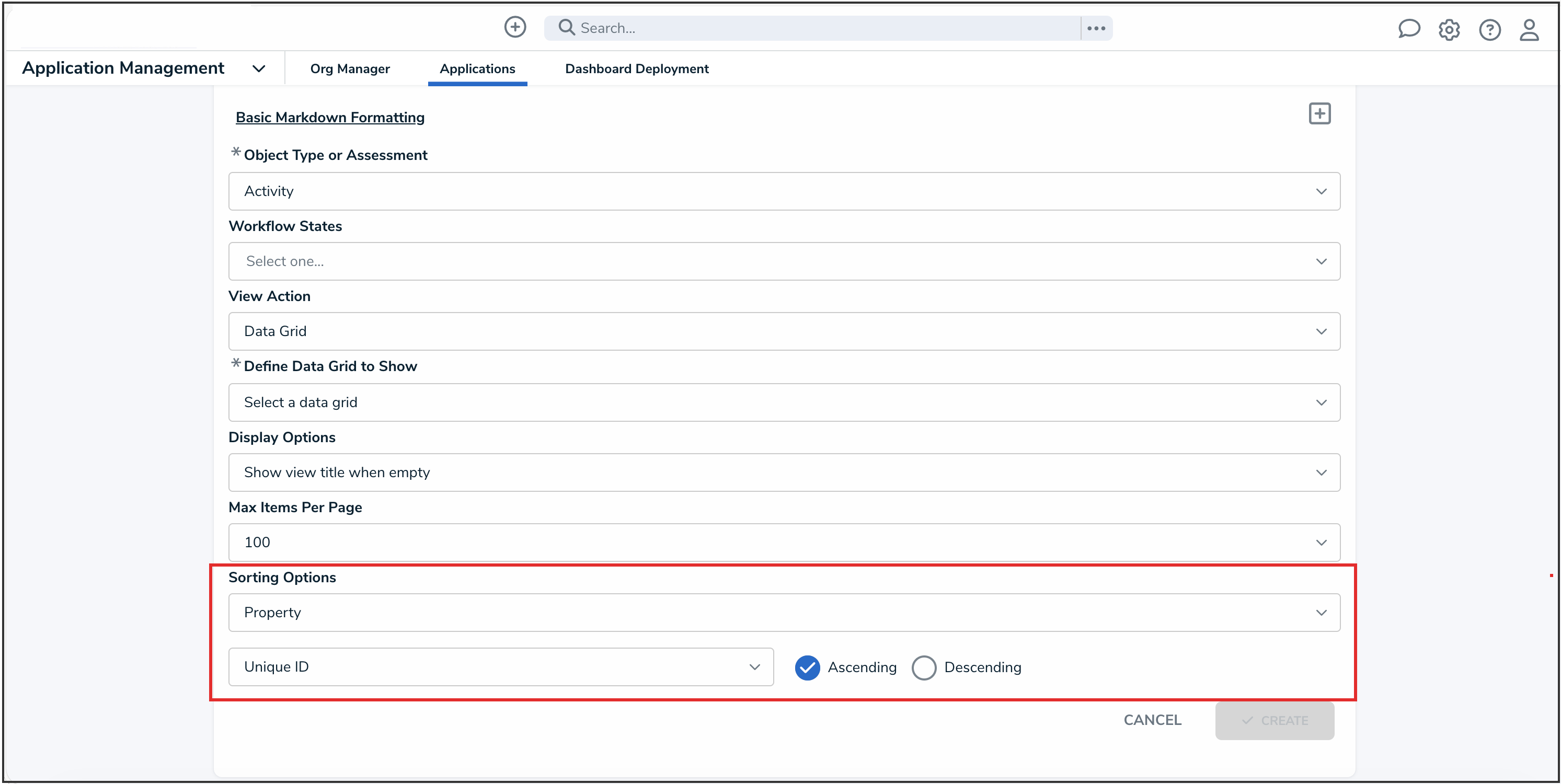 Sorting Options Dropdown