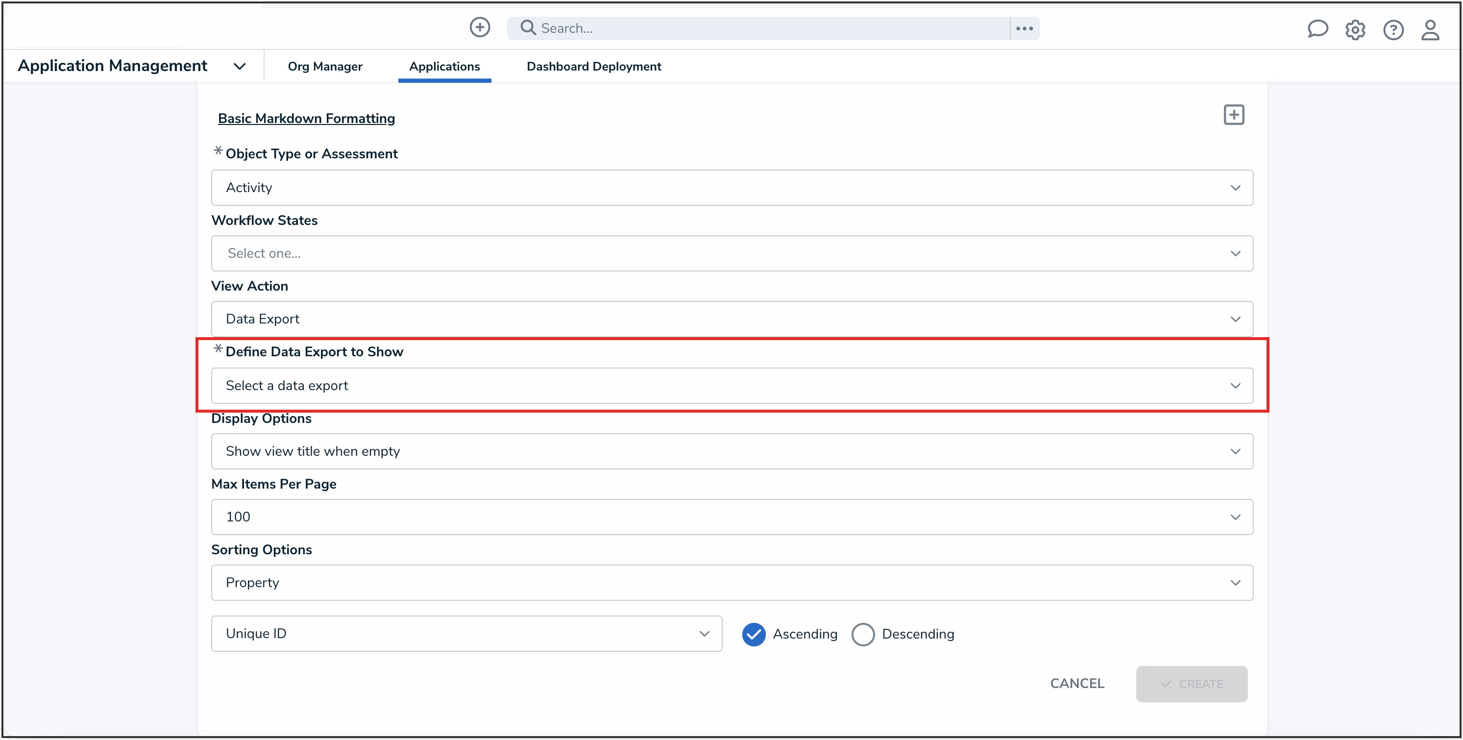 Define Data Export to Show Dropdown