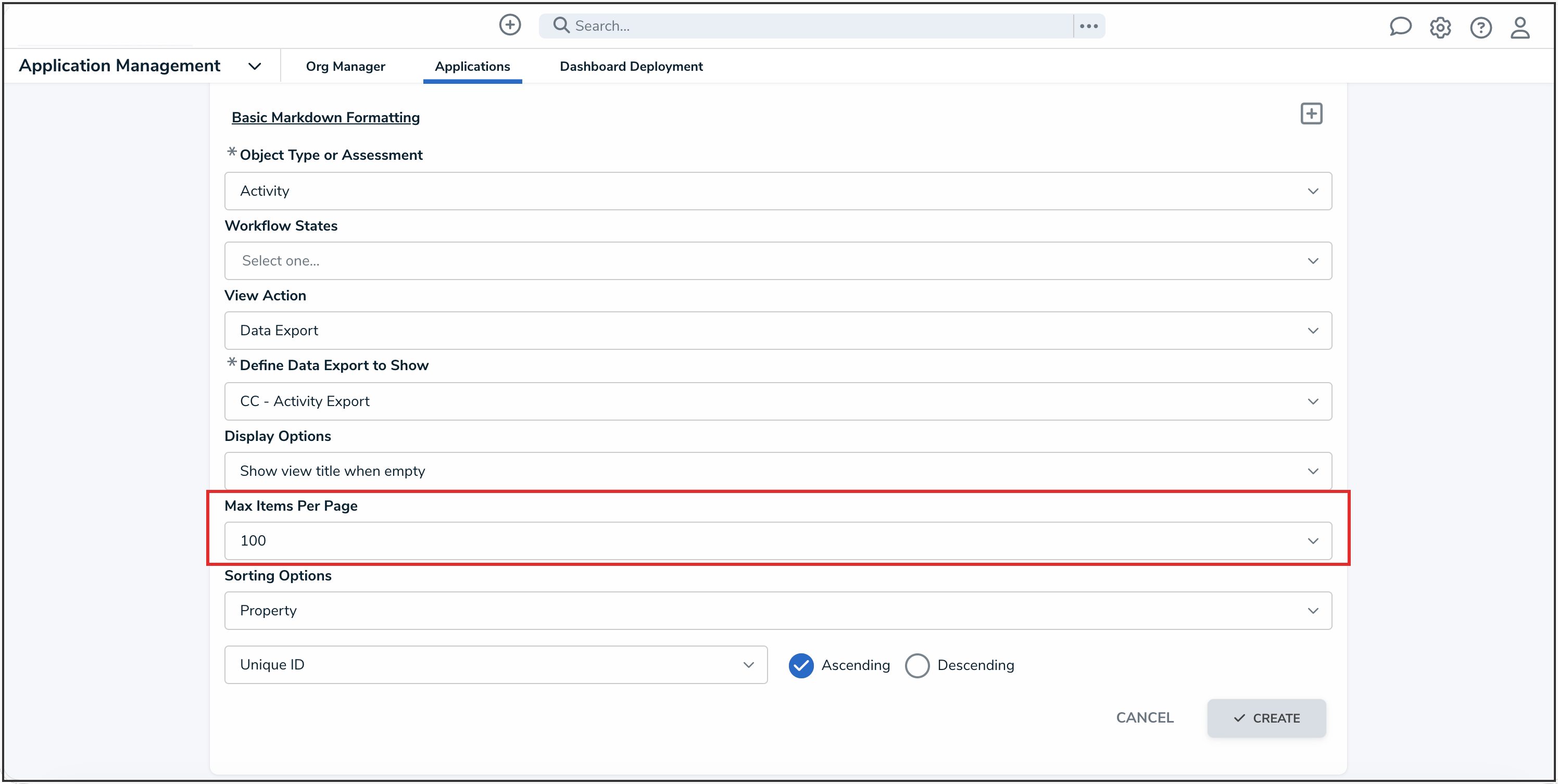 Max Items Per Page Dropdown
