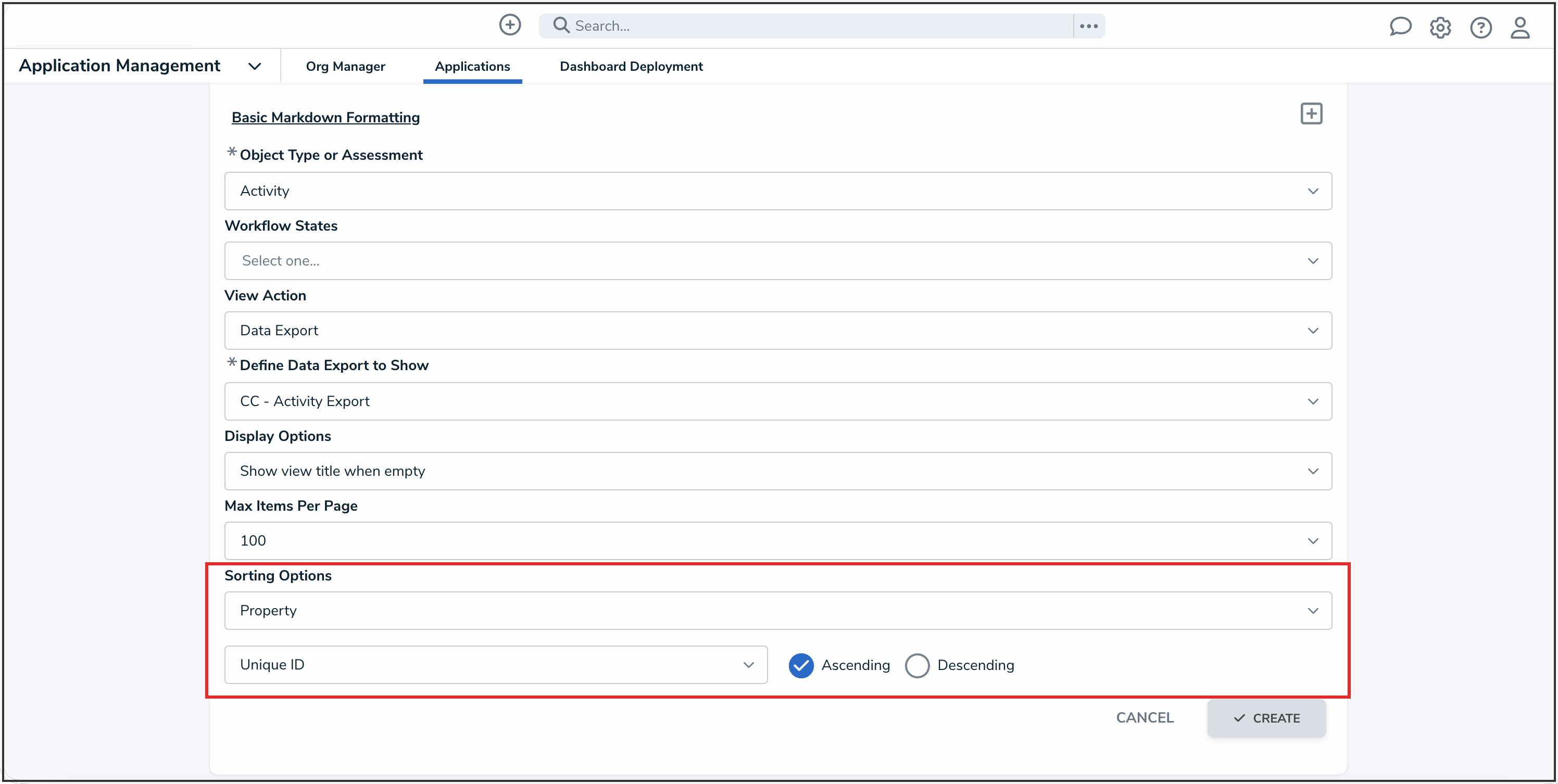 Sorting Options Dropdown