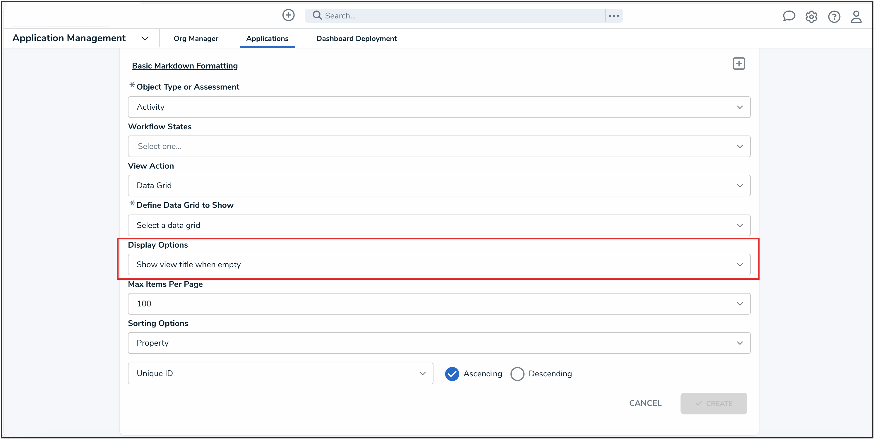 Display Options Dropdown