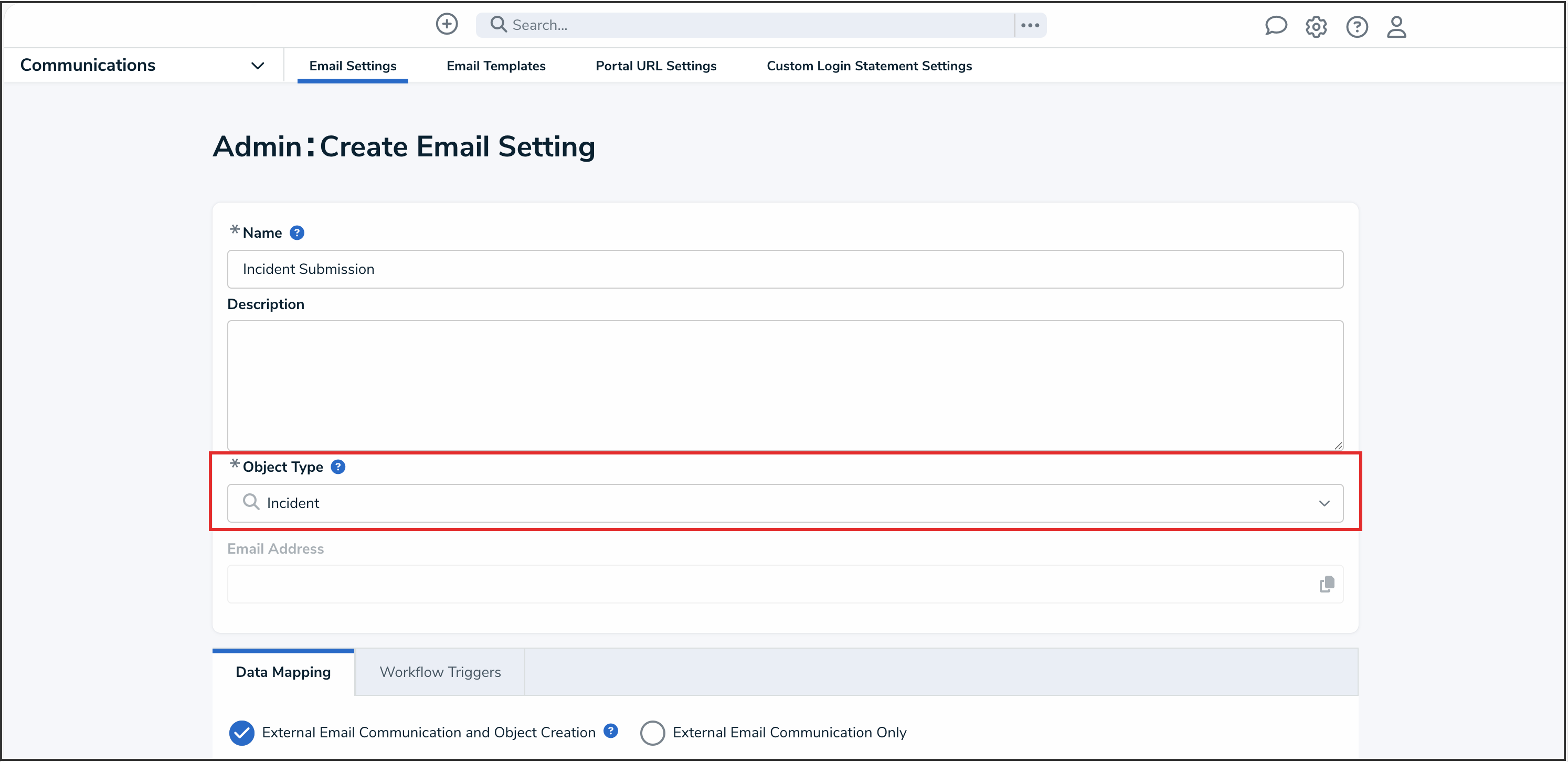 Object Type Dropdown Menu