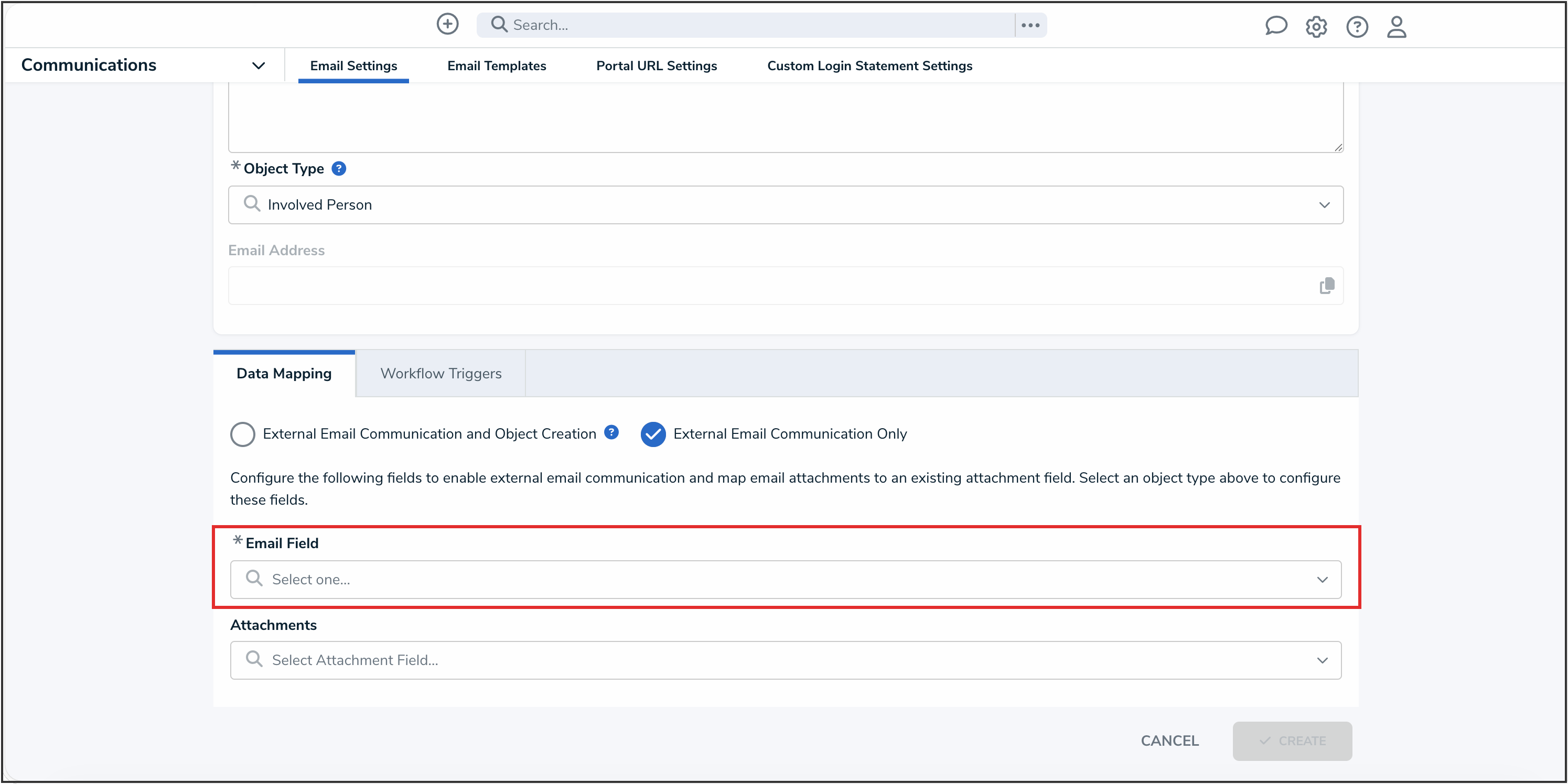 Email Field Dropdown Menu