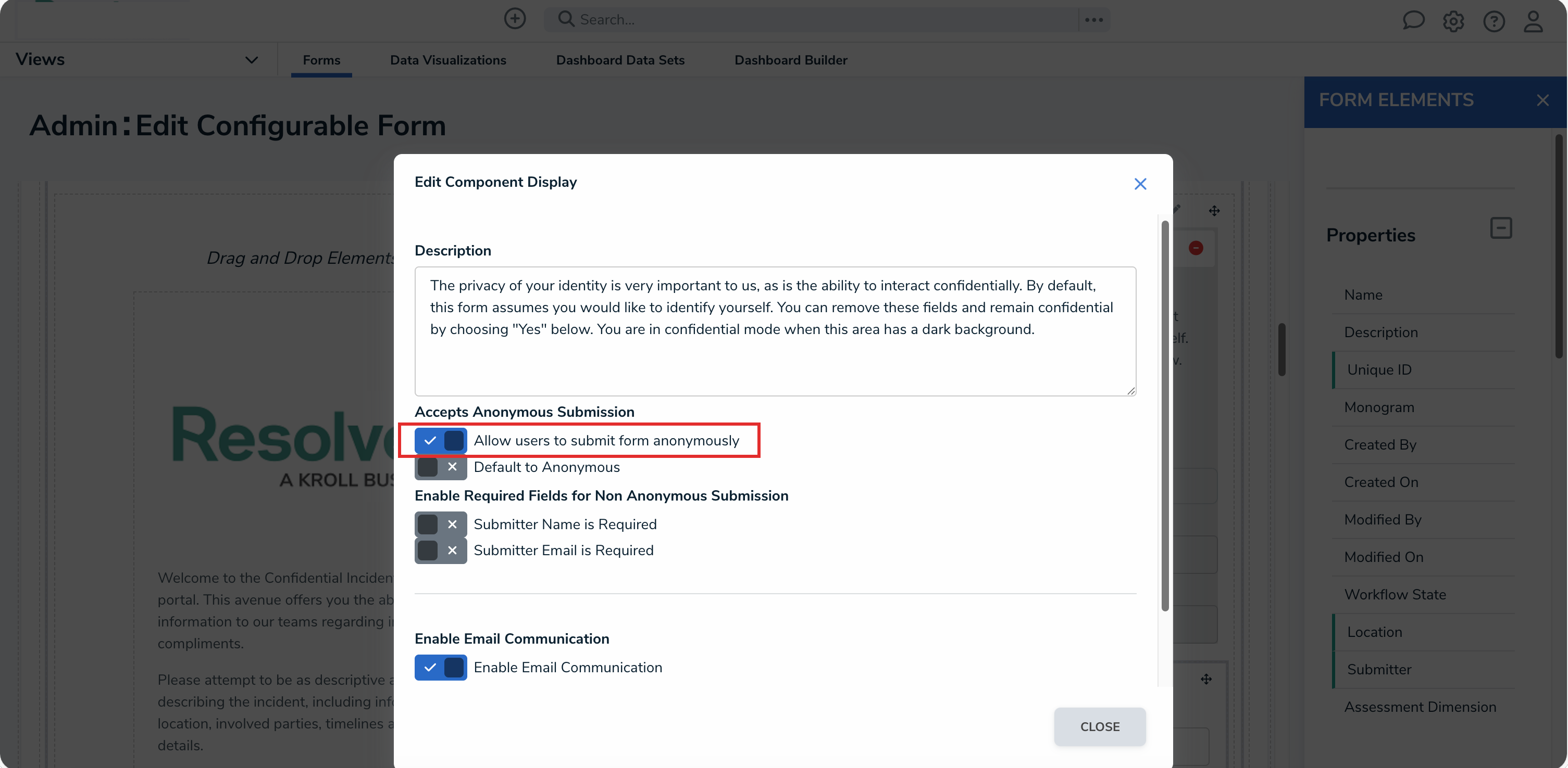 Allow Users to Submit Form Anonymously Toggle Switch Enabled