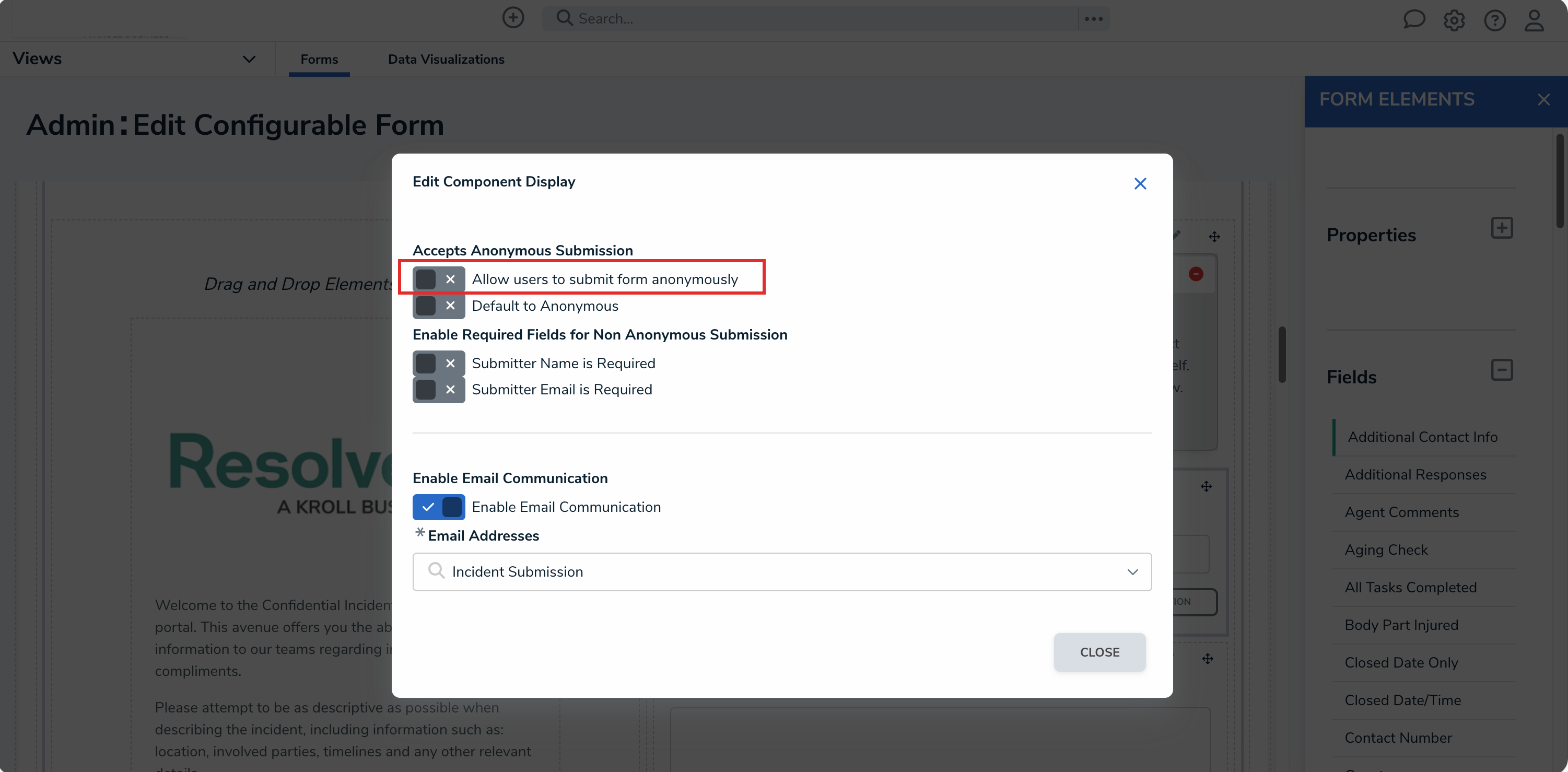 Allow Users to Submit Form Anonymously Toggle Switch Disabled