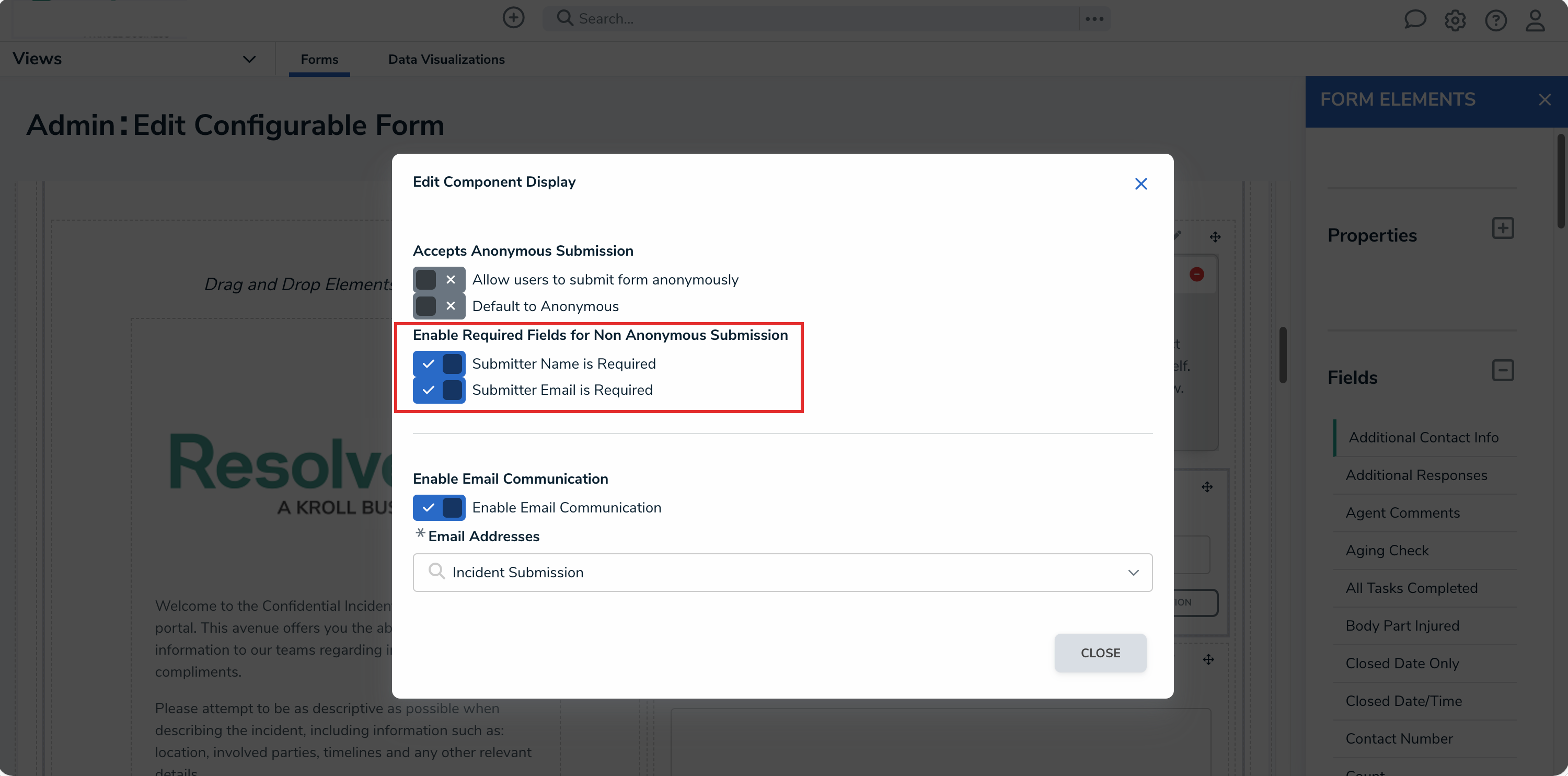 Submitter Name/Email is Required Toggle Switches