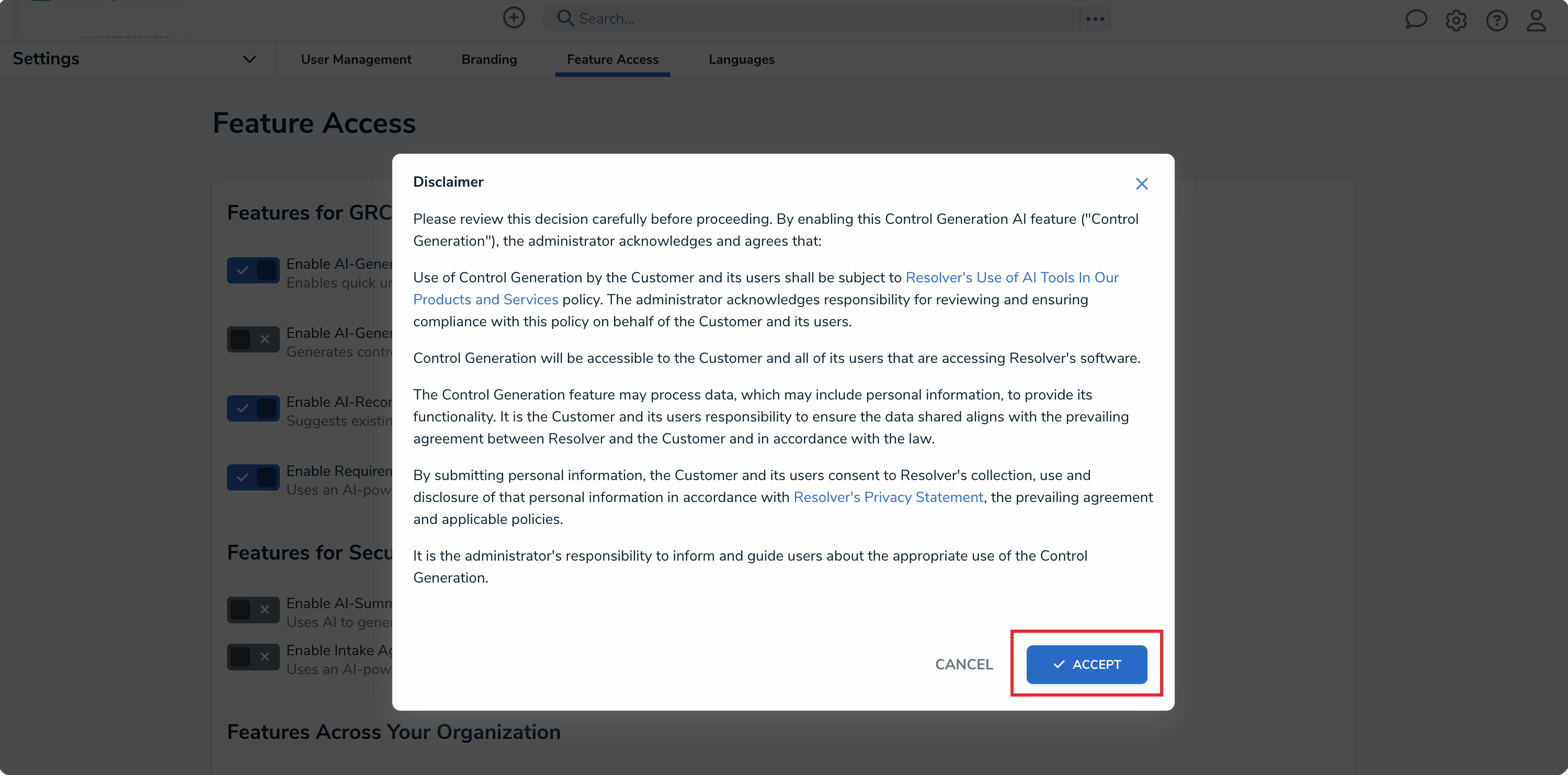 Disclaimer - Accept Button