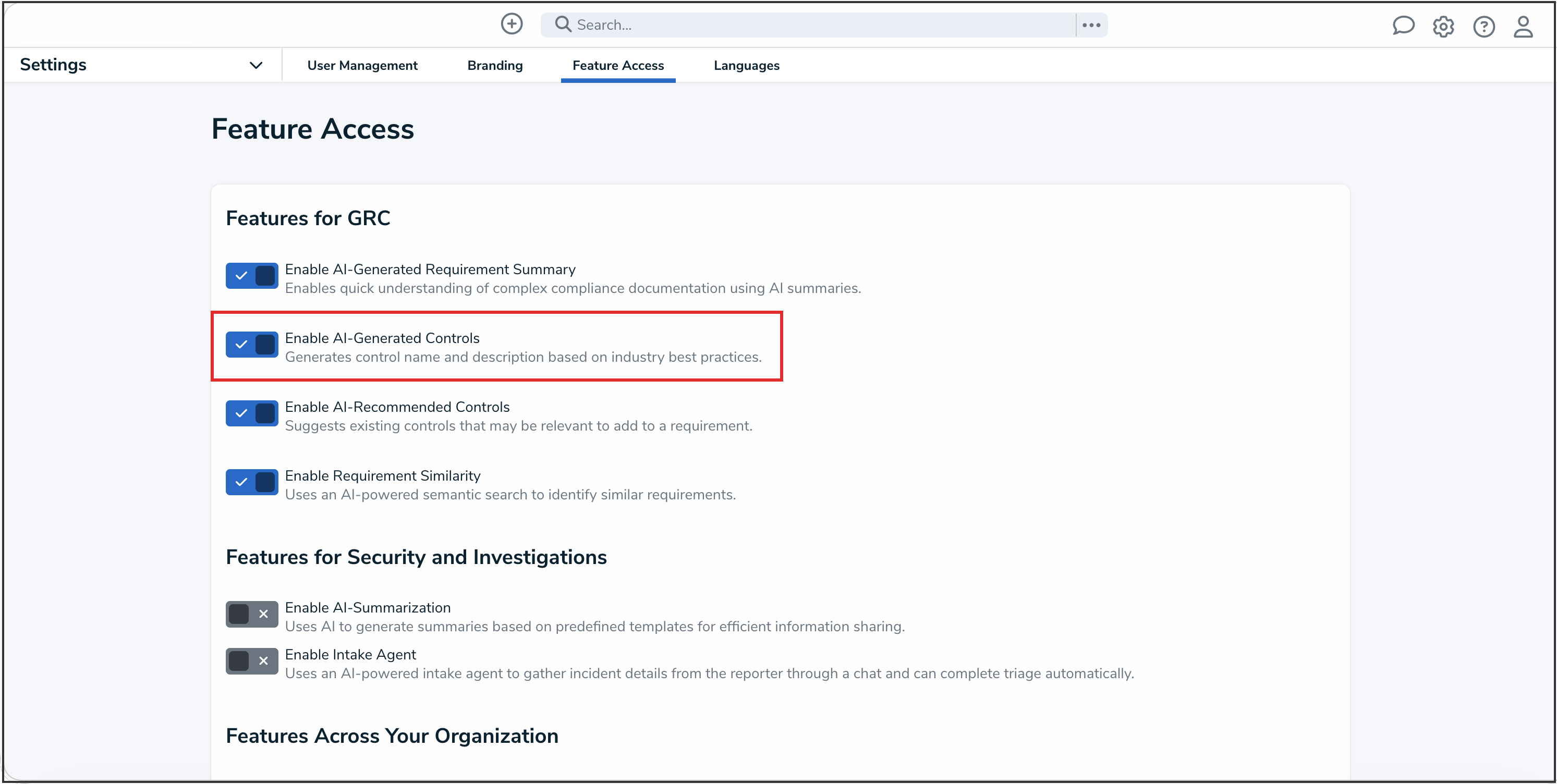 Enable AI-Generated Controls Toggle Switch