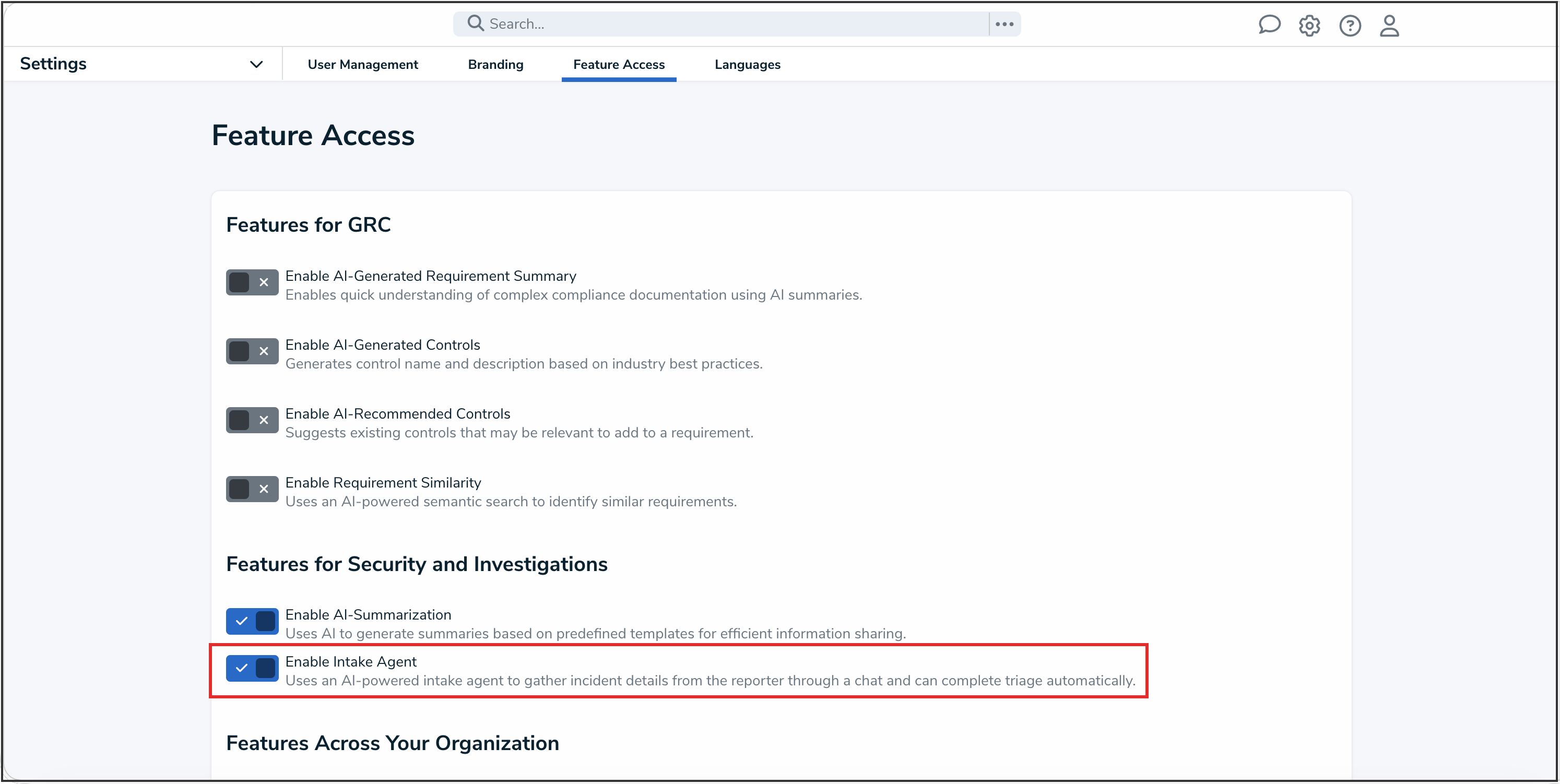 Enable Intake Agent Toggle Switch