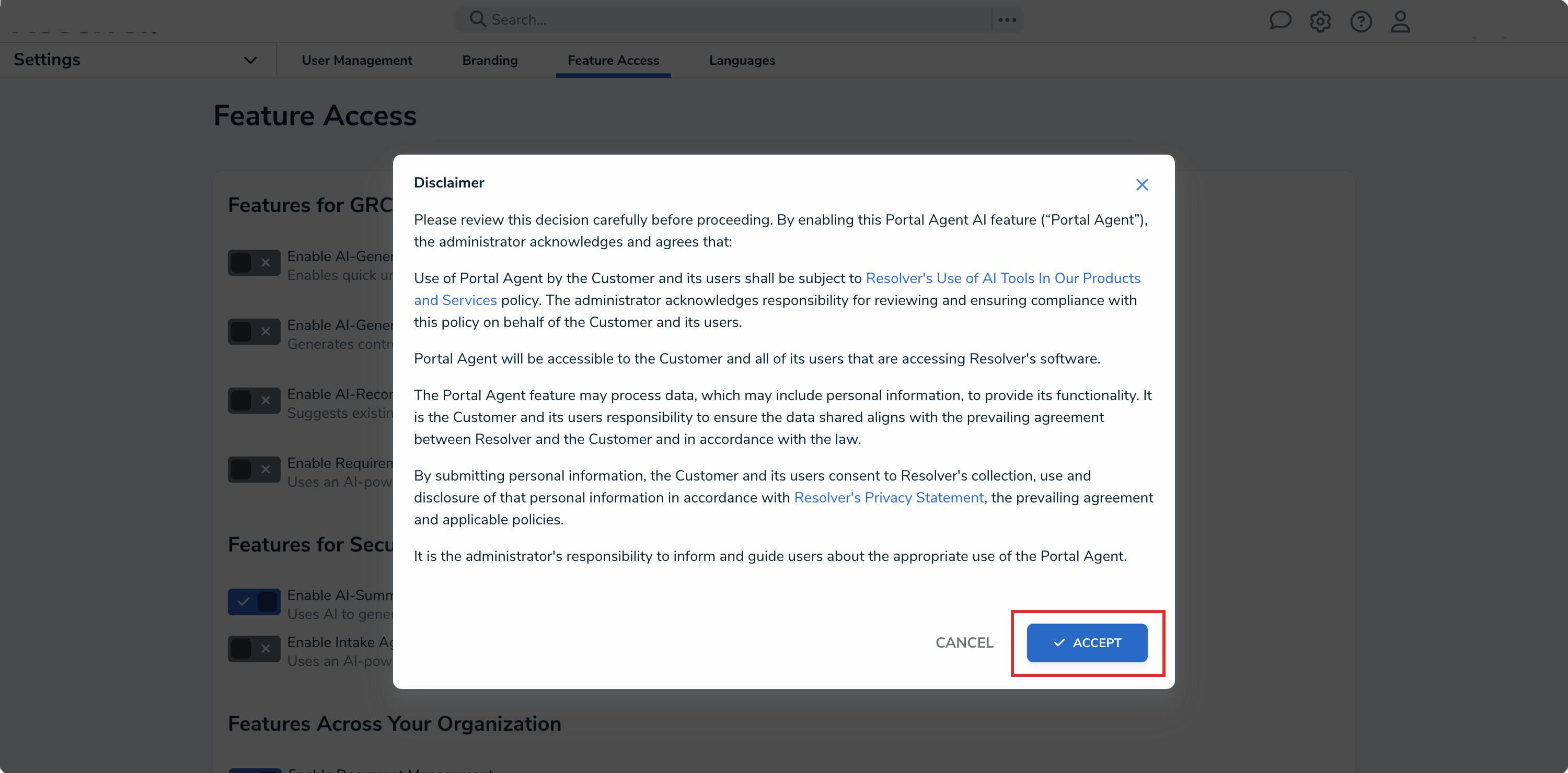 Disclaimer - Accept Button