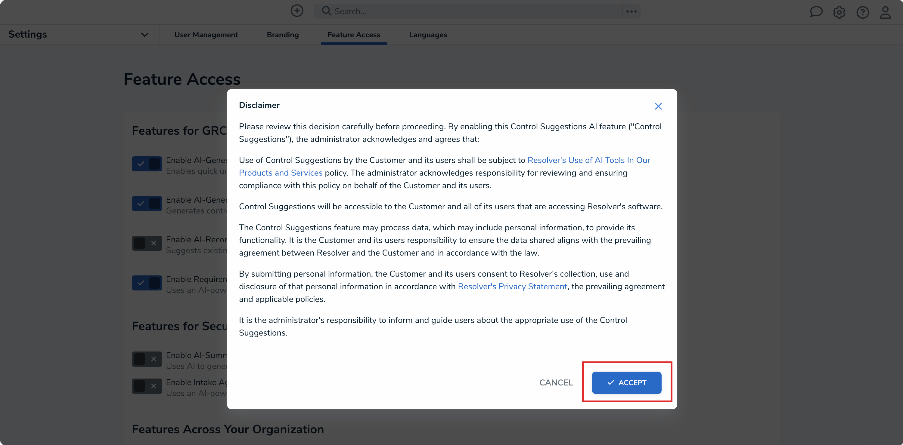 Disclaimer - Accept Button