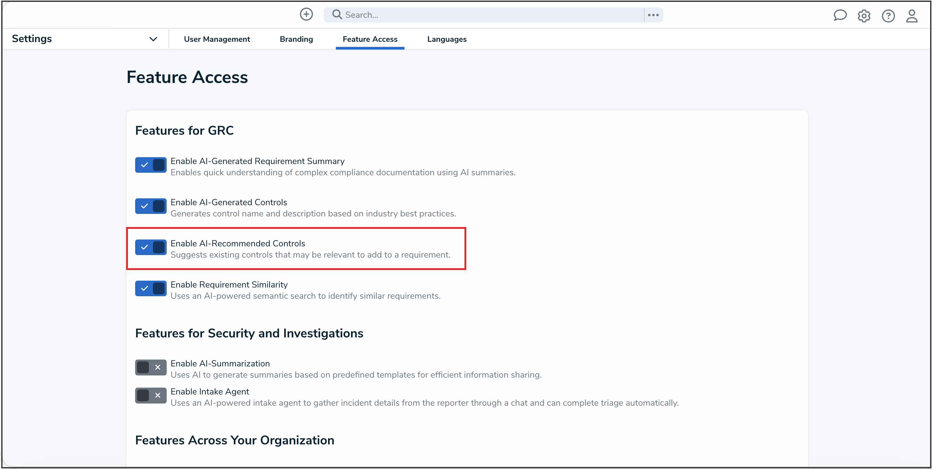Enable AI-Recommended Controls Toggle Switch