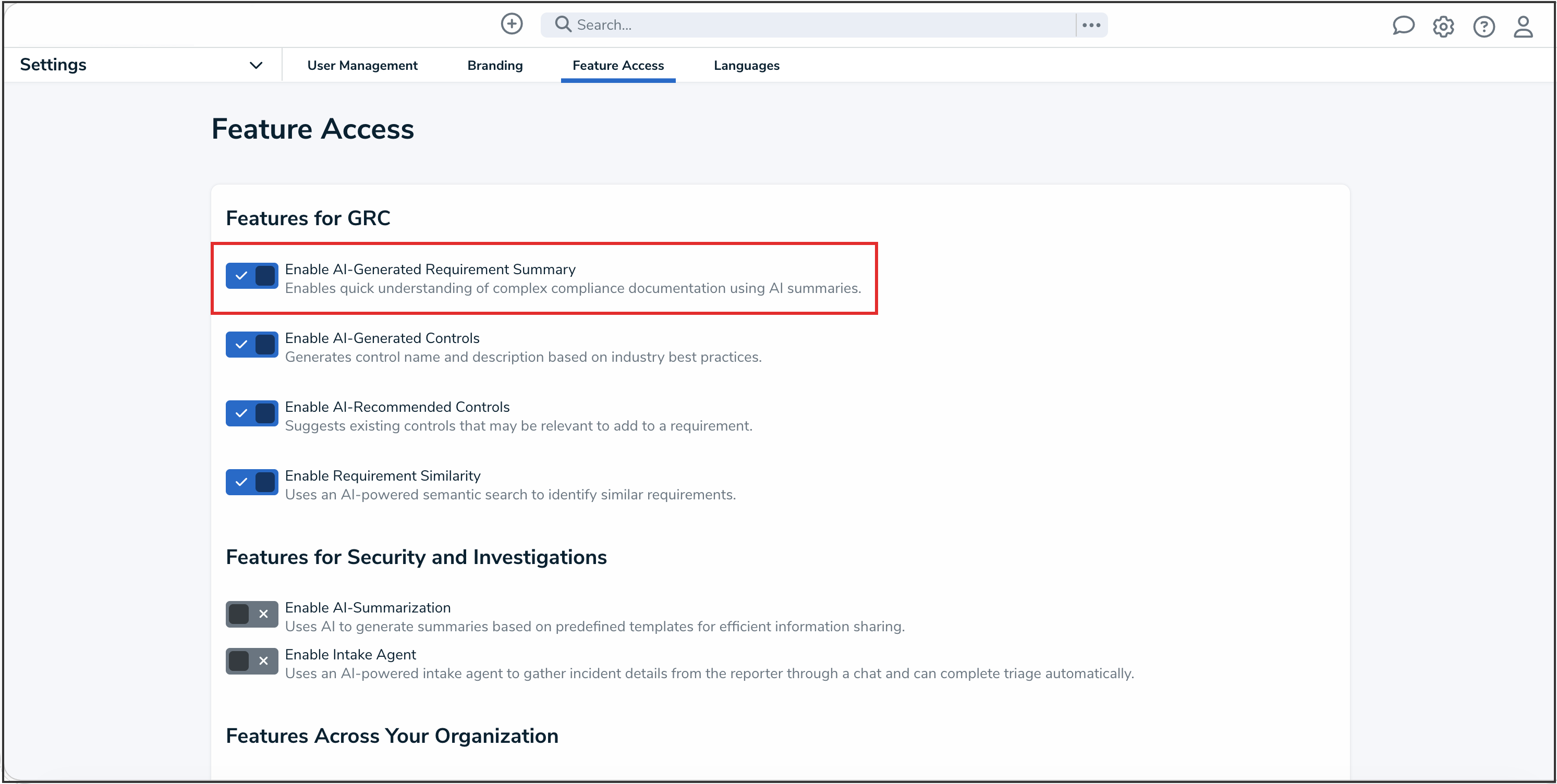 Enable AI-Generated Requirement Summary Toggle Switch
