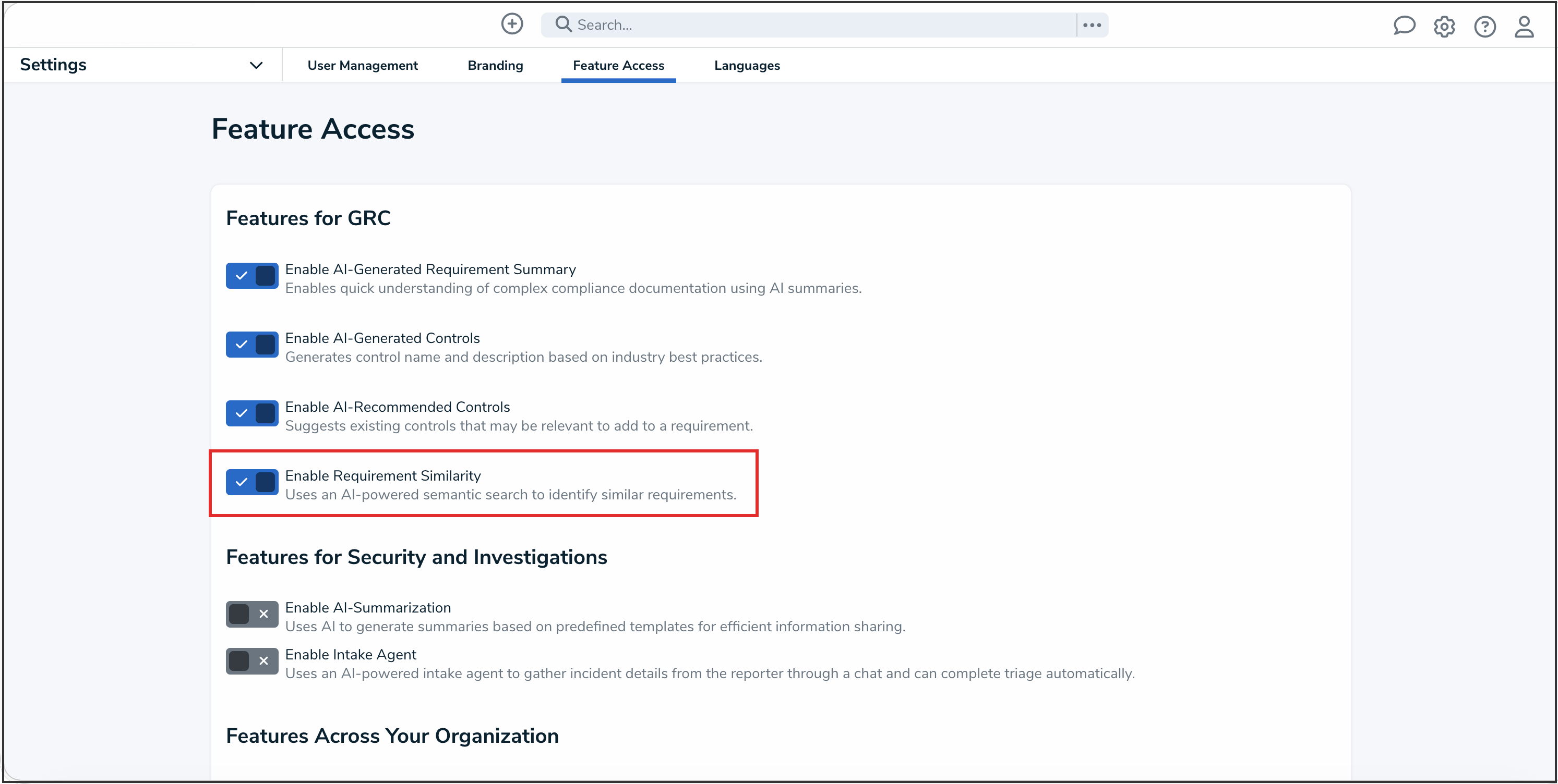 Enable Requirement Similarity Toggle Switch